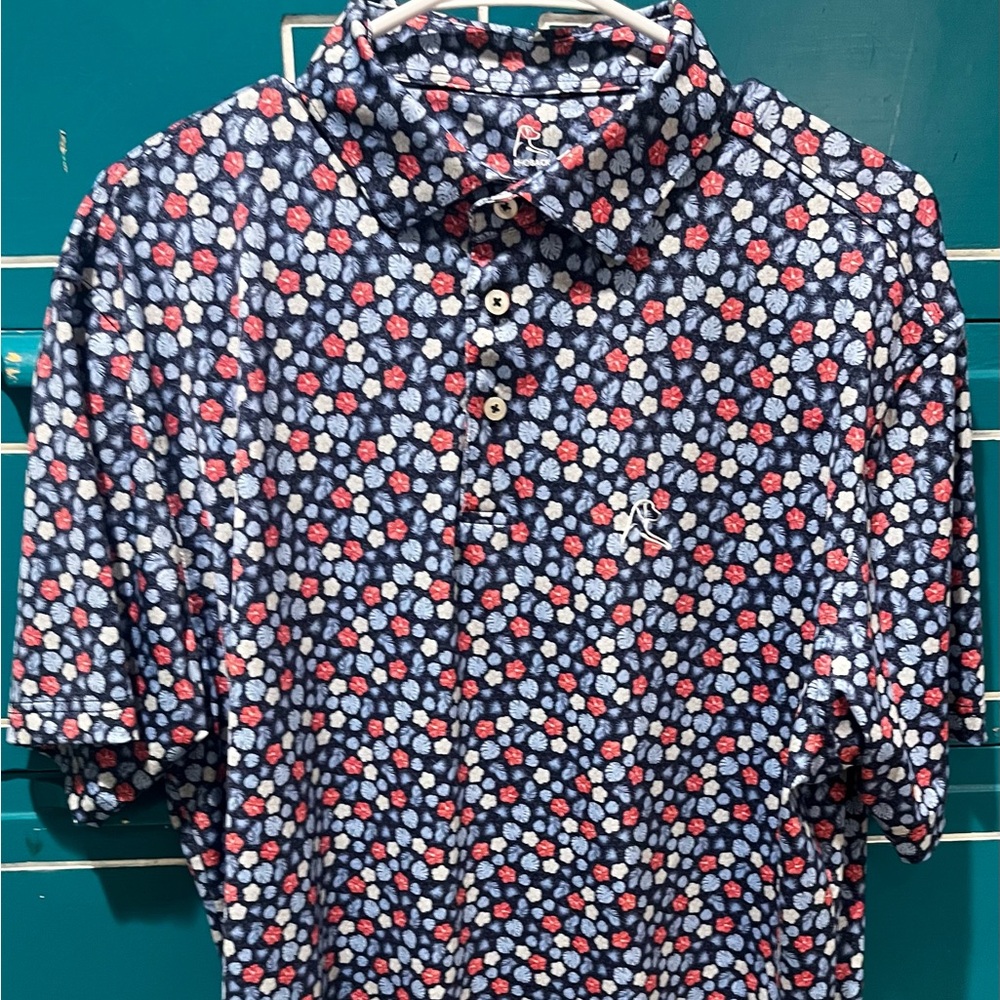 Rhoback Blue and Red Polo Shirt Vibrant Floral Design